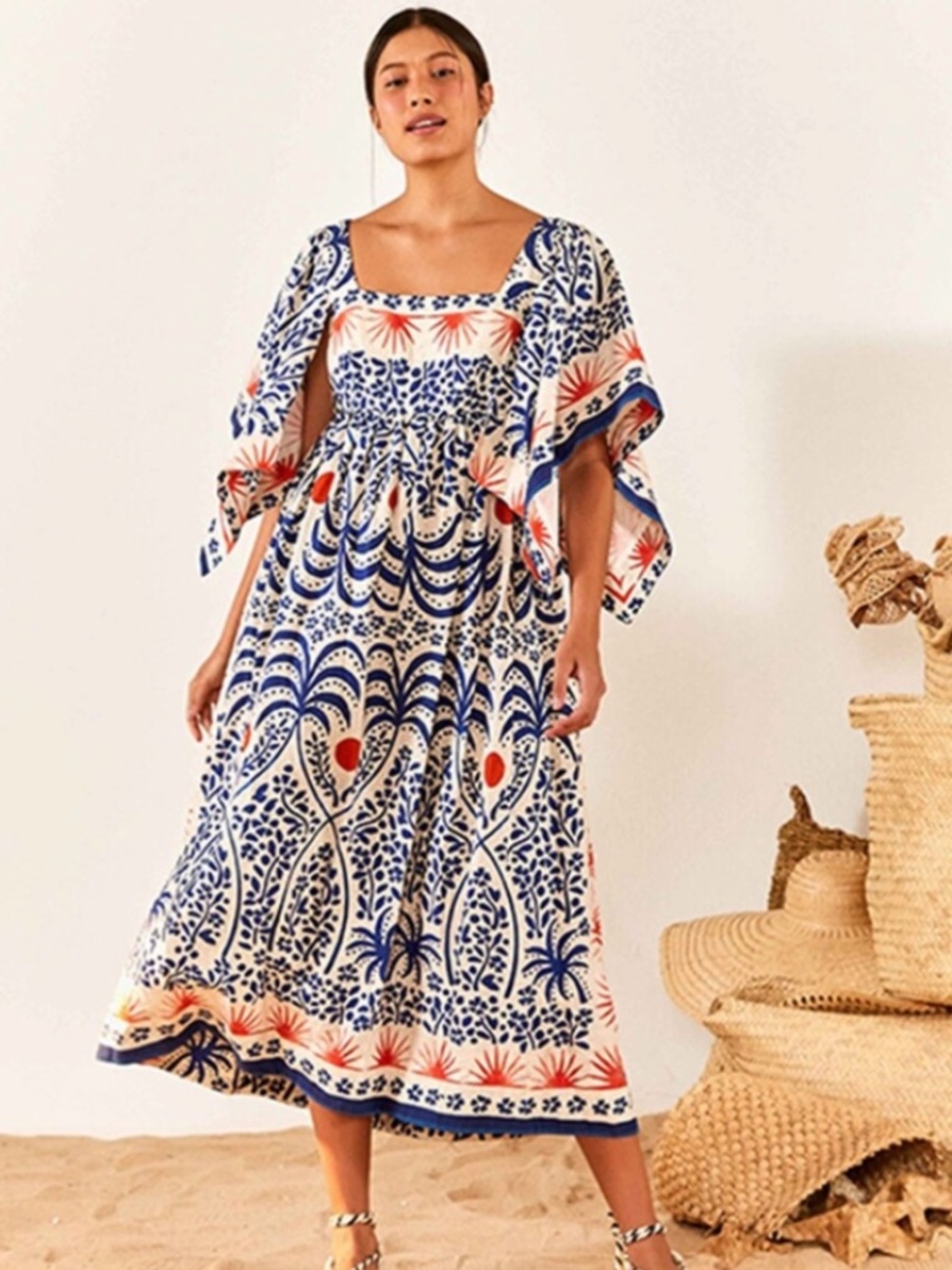 Farm Rio "Breeze" Blue & White Floral Maxi Dress with Orange Accents Size Medium - Picture 2 of 13